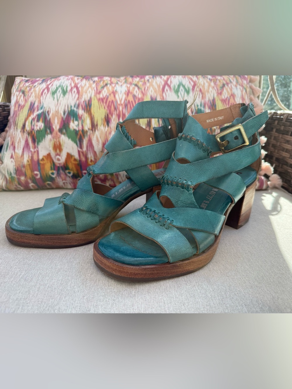 A.S.98 Alfred Teal Strappy Leather Block Heel Sandals NWT Size 38